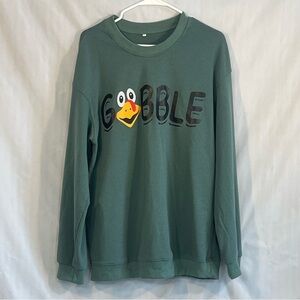 Thanksgiving Gobble Sweatshirt Green With Turkey Face Long Sleeves Round Neck L